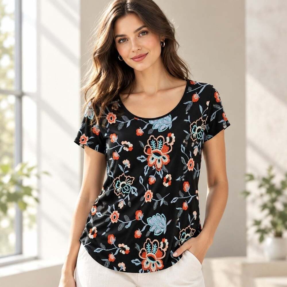 Nygard Embroidered Floral Blouse Size PM Black Short Sleeve Scoop Neck